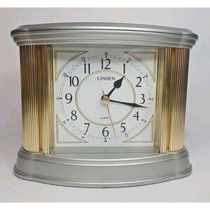 LINDEN Mantle Desk Clock Gold & Silver Colors 5" Tall By 7" Wide Vintage
